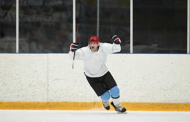 hockey player wearing hockey pants